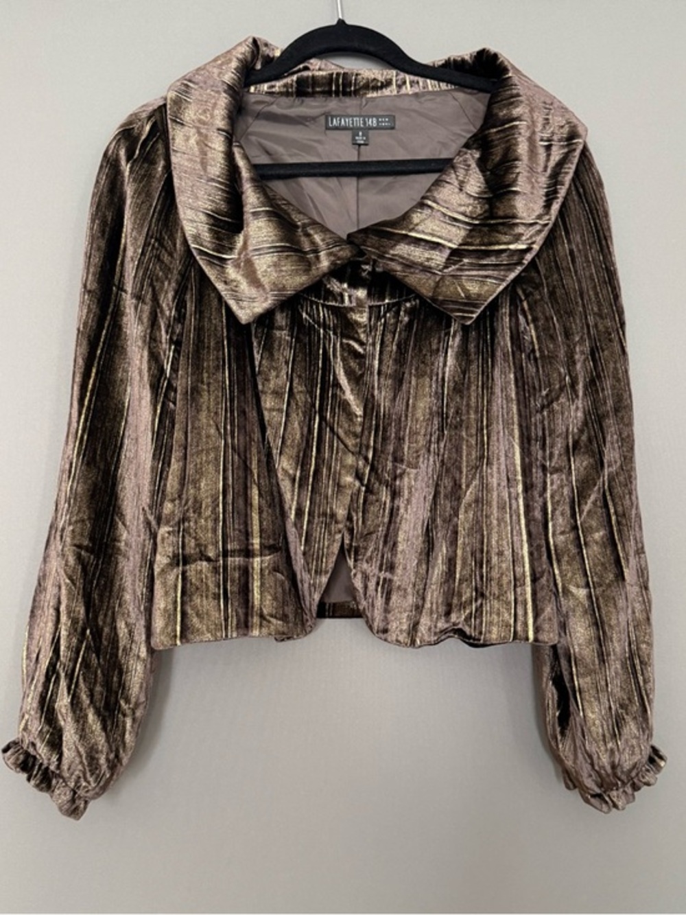 .Lafayette 148 Metallic Velvet Silk-Blend Cropped Jacket Brown Gold Womens 8 Lux